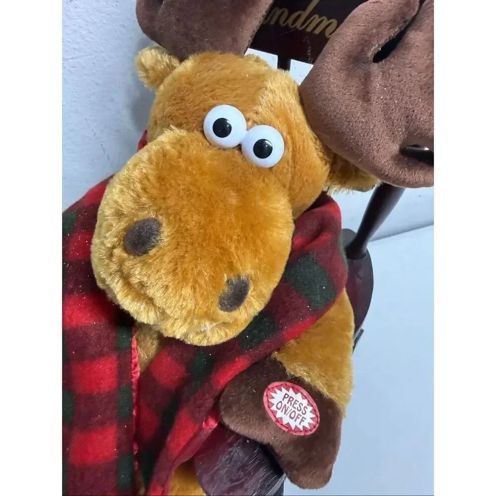 Dan Dee Animated Moose Plush in Grandma Wooden Rocking Chair Sings Christmas